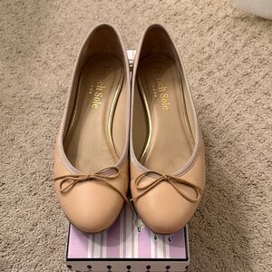 French Sole Blush Nude Leather Ballet Flats with Bow